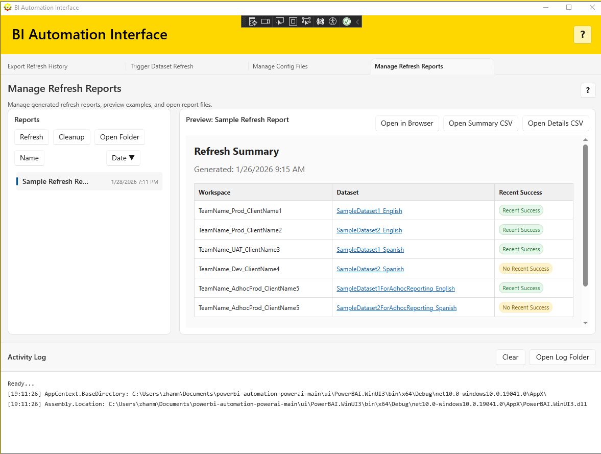 Manage Refresh Reports page screenshot